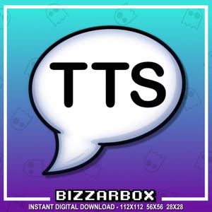 May include: A digital graphic with a white speech bubble containing the black letters "TTS". The bubble is outlined in black and set against a gradient background of blue and purple. The text "BIZZARBOX" is below the bubble.