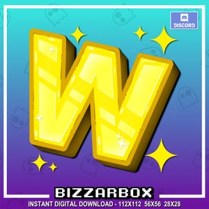 Può includere: Grafica digitale con una grande lettera 'W' dorata in 3D, circondata da stelle gialle e un logo Discord. Il testo 'BIZZARBOX' e le dimensioni di download sono in basso, su uno sfondo sfumato.