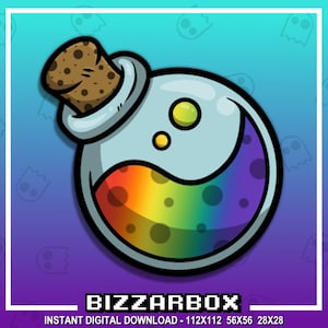 Könnte beinhalten: Eine Cartoon-Illustration einer Glasflasche mit einem Korkstopfen. Die Flasche ist mit einer regenbogenfarbenen Flüssigkeit gefüllt, die weiße und violette Wirbel aufweist. Die Flasche ist von einem blauen Hintergrund mit weißen Geister-Silhouetten umgeben.