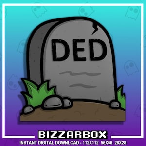 May include: A cartoon illustration of a tombstone with the word "DED" written on it. The tombstone is surrounded by green grass and brown dirt. The background is a light blue and purple gradient.