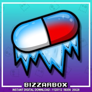 Può includere: Una pillola blu e rossa con una striscia bianca, congelata in un blocco di ghiaccio. Il ghiaccio cola con stalattiti blu. Il testo "BIZZARBOX" è sotto l'immagine.