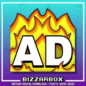 May include: A digital download of a graphic design featuring the letters "AD" in white with a black outline, set against a background of yellow and orange flames. The text "BIZZARBOX" is below the graphic, and the text "INSTANT DIGITAL DOWNLOAD - 112X112 56X56 28X28" is below that.