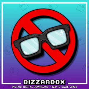 May include: A red circle with a diagonal line through it, signifying a prohibition.  Overlaid on the circle are black framed glasses with a shiny, reflective lens.  The text "BIZZARBOX" is below the circle in a pixelated font.  The text "INSTANT DIGITAL DOWNLOAD - 112X112 56X56 28X28" is below the text "BIZZARBOX".