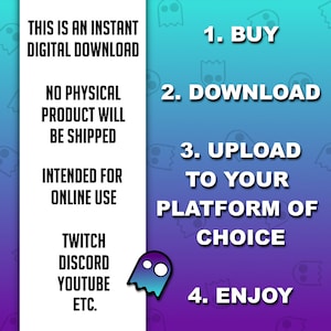 K&ouml;nnte beinhalten: Anleitung f&uuml;r einen digitalen Download auf einem blau-violetten Farbverlauf. Der Text lautet: "Dies ist ein sofortiger digitaler Download" und "Es werden keine physischen Produkte versendet." Schritte: Kaufen, Herunterladen, Auf Ihre Plattform hochladen und Genie&szlig;en.