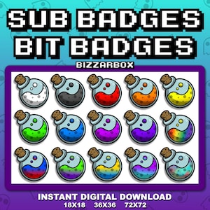 May include: Set of 18 digital potion bottle badges in various colors, including white, black, red, orange, yellow, green, blue, purple, rainbow, and gradient colors. The badges are designed in a pixelated style and are perfect for Twitch or YouTube streamers.