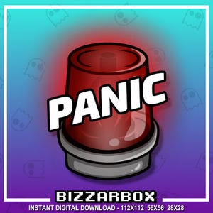 Puede incluir: Una sirena roja y plateada parpadeante con la palabra "PANIC" en letras blancas. El fondo es un degradado de azul y morado con siluetas de fantasmas blancas.