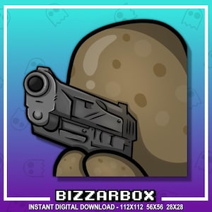 May include: A digital illustration of a brown cartoon character holding a black handgun. The character has a round, potato-like body with a small mouth and eyes. The background is a light blue color with white ghost silhouettes.