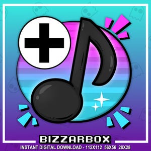 May include: A digital graphic with a black musical note and a white circle with a black plus sign. The background is a gradient of blue, purple, and pink. The text "BIZZARBOX" is at the bottom.