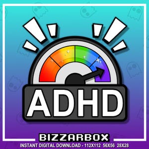 May include: A digital graphic with a speedometer design, featuring a rainbow-colored gauge and a black arrow pointing towards the purple end. The word "ADHD" is displayed in white letters on a black rectangle. The graphic includes the text "BIZZARBOX".