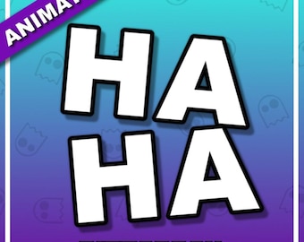 Könnte beinhalten: Quadratische Grafik mit dem Text "HA HA" in großen weißen Blockbuchstaben mit schwarzen Umrissen, zweimal wiederholt. Das Wort "ANIMATED" steht in einem lila Banner. Der Text "BIZZARBOX" und "ANIMATED DIGITAL DOWNLOAD - READY TO USE" befindet sich unten.