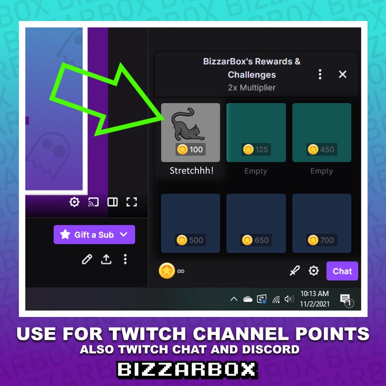 May include: A screenshot of a Twitch channel points system with a 2x multiplier. The system shows different challenges with point values, including "Stretchhh!" for 100 points, "Empty" for 125 points, "Empty" for 450 points, 500 points, 650 points, and 700 points. The system also shows a ghost icon, a star icon, and a chat icon.