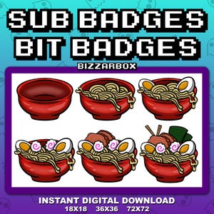 RAMEN NOODLES Twitch Sub Badges / Cheer Bit Badges / Emote / Emotes / Emoji / Loyalty Badges / Streamer / Stream / Subscriber / Gamer