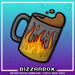 May include: A grey coffee mug with a design of flames and a brown liquid inside. The mug is tilted to the side, and the liquid is spilling out.