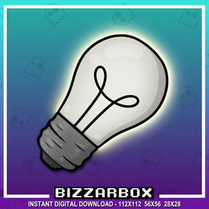 May include: A white light bulb with a black outline and a gray base. The light bulb is glowing and has a yellow halo around it. The background is a blue and purple gradient with white ghost silhouettes.