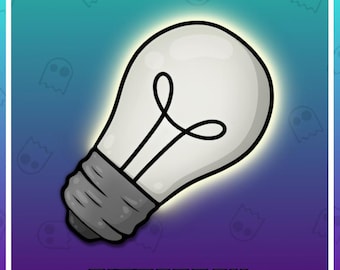 May include: A white light bulb with a black outline and a gray base. The light bulb is glowing and has a yellow halo around it. The background is a blue and purple gradient with white ghost silhouettes.