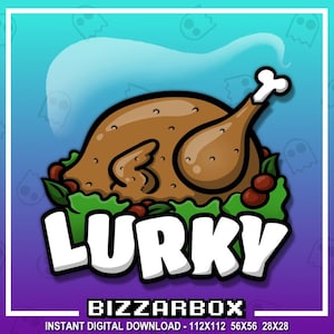 Puede incluir: Una ilustración digital de un pavo asado con una guarnición de hojas rojas y verdes. El texto "LURKY" está escrito en letras blancas sobre un fondo azul. El texto "BIZZARBOX" está escrito en letras blancas sobre un fondo morado. El texto "INSTANT DIGITAL DOWNLOAD - 112X112 56X56 28X28" está escrito en letras blancas sobre un fondo morado.