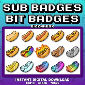 HOT DOG Twitch Sub Badges / Cheer Bit Badges / Emote / Emotes / Emoji / Loyalty Badges / Streamer / Stream / Subscriber / Gamer / Wiener