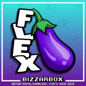May include: A digital illustration of the word "FLEX" in white letters with a purple eggplant with a green stem and leaves. The background is a light blue with a pattern of white ghosts.