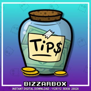 Peut inclure: Une illustration de dessin animé d'un bocal en verre avec un couvercle en liège rempli d'argent et un post-it jaune qui dit "Tips$". Le bocal est posé sur un fond bleu et violet avec des fantômes blancs.