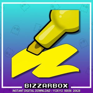 May include: A yellow marker is drawing a yellow zig-zag line on a purple background. The marker is in the shape of a rounded rectangle with a pointed tip. The text "BIZZARBOX" is at the bottom of the image. The text "INSTANT DIGITAL DOWNLOAD - 112X112 56X56 28X28" is below the text "BIZZARBOX".