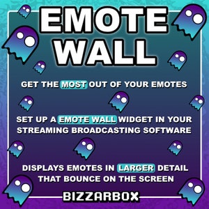 Op de afbeelding: Een blauwe en paarse grafiek met de tekst "EMOTE WALL" in wit. De grafiek bevat ook de tekst "GET THE MOST OUT OF YOUR EMOTES", "SET UP A EMOTE WALL WIDGET IN YOUR STREAMING BROADCASTING SOFTWARE", "DISPLAYS EMOTES IN LARGER DETAIL THAT BOUNCE ON THE SCREEN" en "BIZZARBOX". De grafiek is versierd met meerdere blauwe en paarse spookiconen.