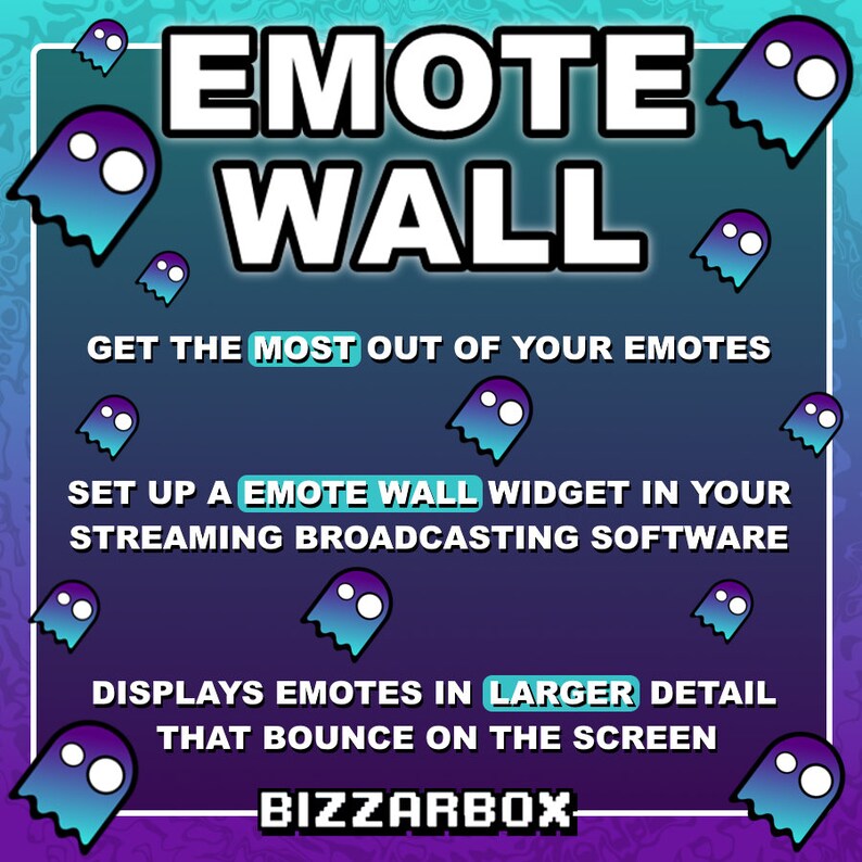 Op de afbeelding: Een blauwe en paarse grafiek met de tekst "EMOTE WALL" in wit. De grafiek bevat ook de tekst "GET THE MOST OUT OF YOUR EMOTES", "SET UP A EMOTE WALL WIDGET IN YOUR STREAMING BROADCASTING SOFTWARE", "DISPLAYS EMOTES IN LARGER DETAIL THAT BOUNCE ON THE SCREEN" en "BIZZARBOX". De grafiek is versierd met meerdere blauwe en paarse spookiconen.