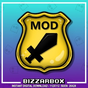 May include: A yellow sheriff's badge with a black sword and the word "MOD" in black text. The badge is on a blue and purple background with white ghost silhouettes.
