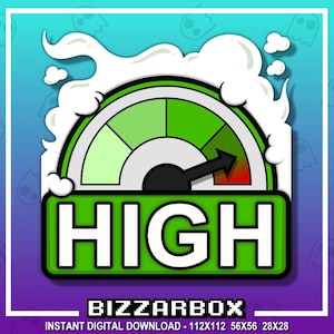 Peut inclure: Un indicateur vert et rouge avec une aiguille pointant vers le haut de l'échelle. L'indicateur est entouré d'un nuage blanc sur un fond vert. Le mot "HIGH" est écrit en lettres blanches sur un fond vert.