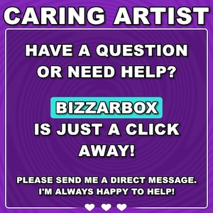 K&ouml;nnte beinhalten: Quadratische Grafik mit lila Hintergrund und wei&szlig;em Text. Der Text lautet "CARING ARTIST", "HABEN SIE EINE FRAGE ODER BRAUCHEN SIE HILFE?" und "BIZZARBOX IST NUR EINEN KLICK ENTFERNT!" Die Grafik enth&auml;lt auch den Text "BITTE SENDEN SIE MIR EINE DIREKTE NACHRICHT. ICH HELFE IMMER GERNE!"