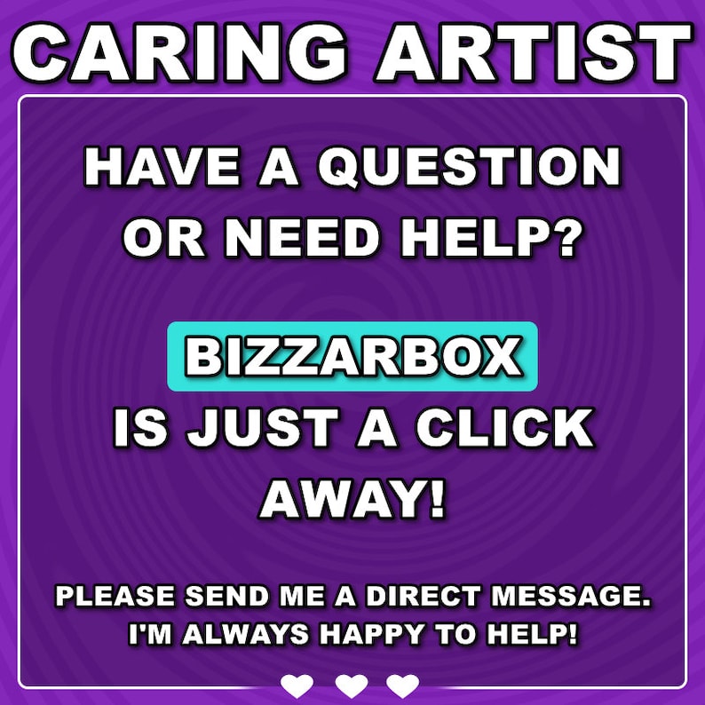 K&ouml;nnte beinhalten: Quadratische Grafik mit lila Hintergrund und wei&szlig;em Text. Der Text lautet "CARING ARTIST", "HABEN SIE EINE FRAGE ODER BRAUCHEN SIE HILFE?" und "BIZZARBOX IST NUR EINEN KLICK ENTFERNT!" Die Grafik enth&auml;lt auch den Text "BITTE SENDEN SIE MIR EINE DIREKTE NACHRICHT. ICH HELFE IMMER GERNE!"