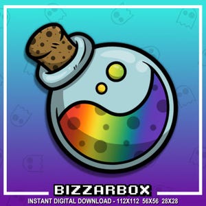 May include: A cartoon illustration of a glass bottle with a cork stopper. The bottle is filled with a rainbow-colored liquid with white and purple swirls. The bottle is surrounded by a blue background with white ghost silhouettes.