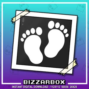 May include: A black and white image of two bare footprints inside a white frame with a piece of tape on the top left corner.