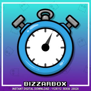 Może przedstawiać: Niebieski stoper z kreskówki z białą tarczą i czarnymi wskazówkami. Stoper ma dwa szare przyciski na górze i tekst "BIZZARBOX" na dole. Tło to gradient fioletu i niebieskiego.