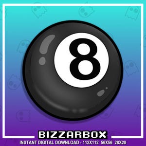 May include: A black eight ball with a white number eight graphic. The image has a gradient background of blue and purple with a white border. The text "BIZZARBOX" and "INSTANT DIGITAL DOWNLOAD - 112x112 56x56 28x28" is at the bottom.