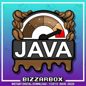 Może przedstawiać: Cyfrowa grafika z motywem kawy. Słowo "JAVA" jest białe na czarnym tle, z wskaźnikiem powyżej i kapiącą kawą poniżej. Ziarna kawy obramowują wskaźnik. Projekt zawiera tekst "BIZZARBOX".
