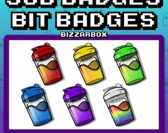 May include: Six digital shaker bottle badges in different colors: orange, yellow, green, blue, purple, and rainbow. The badges are designed for Twitch and YouTube channels. The text "SUB BADGES BIT BADGES BIZZARBOX" is at the top of the image. The text "INSTANT DIGITAL DOWNLOAD 18X18 36X36 72X72" is at the bottom of the image.