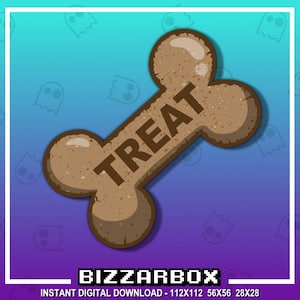 May include: A brown dog bone treat with the word "TREAT" written on it in white letters. The bone is on a blue and purple gradient background.
