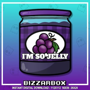 Puede incluir: Un tarro de vidrio morado con un patrón de cuadros blanco y negro y un círculo blanco con un racimo de uvas moradas y el texto "I'm So Jelly".