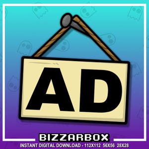 May include: A digital download of a cartoon image of a wooden sign with the letters "AD" on it. The sign is hanging from a nail and has a rope attached to it. The background is a blue and purple gradient with a pattern of white ghosts.