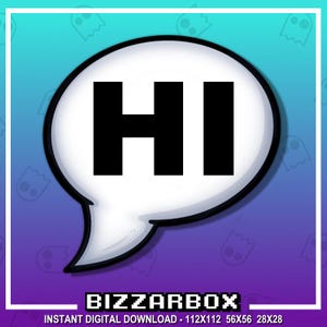 Puede incluir: Gráfico digital con una burbuja de diálogo blanca con la palabra "HI" en letras negras en negrita. El fondo transiciona de azul a morado, con un patrón de fantasmas repetido. El texto "BIZZARBOX" y las opciones de tamaño están en la parte inferior.