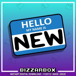 Pode incluir: Um autocolante azul com a forma de uma etiqueta com as palavras "HELLO MY NAME IS NEW" em branco e preto. O autocolante está sobre um fundo gradiente azul e roxo com ícones de fantasmas brancos. A parte inferior da imagem contém o texto "BIZZARBOX".