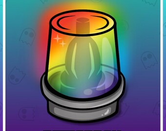 May include: A rainbow-colored siren light with a black base and a white star on the top. The light is in a cartoon style and has a shiny, reflective surface.