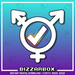 May include: A white gender symbol with a rainbow tick mark inside. The symbol is on a blue and purple gradient background with white ghost silhouettes.
