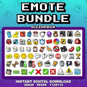 Puede incluir: Un gráfico de descarga digital con un "EMOTE BUNDLE" que presenta varios iconos, incluyendo una botella de agua, un signo de interrogación y una bolsa de dinero. El texto "BIZZARBOX" está encima de los iconos. La descarga incluye tamaños 28x28, 56x56 y 112x112.
