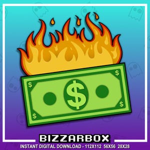 May include: A green dollar bill with a dollar sign in the center is engulfed in flames. The flames are orange and yellow. The text "BIZZARBOX" is at the bottom of the image. The text "INSTANT DIGITAL DOWNLOAD - 112X112 56X56 28X28" is below the text "BIZZARBOX".