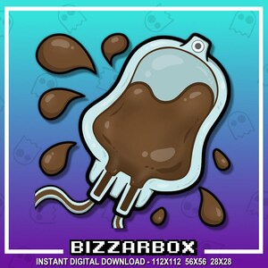 May include: Digital graphic of a cartoon IV bag filled with brown liquid, with brown droplets around it. The text "BIZZARBOX" is at the bottom, along with size options. The background is a gradient of blue and purple.