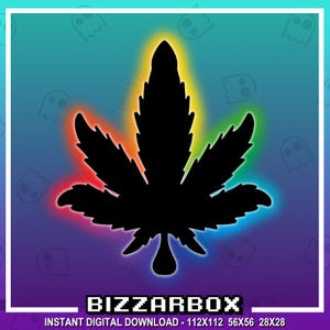 May include: A black cannabis leaf silhouette with a colorful rainbow gradient outline. The image has a blue, purple, and teal background with ghost-like figures. The text "BIZZARBOX" is at the bottom.