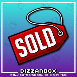 以下が含まれることがあります： 白い「SOLD」のラベルと白い紐のループが付いた赤いタグ。タグは白枠の青と紫の背景にある。