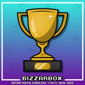 May include: A gold trophy with a black base and a gold plate with a star design. The trophy has a classic design with a large cup and two handles. The text "Bizzarbox" is printed in pixelated letters below the trophy.