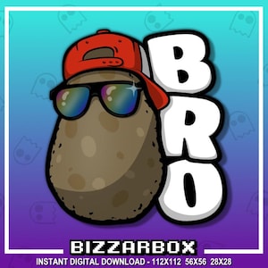 May include: A brown potato wearing a red baseball cap and sunglasses with the word "BRO" in white letters on a blue and purple background.
